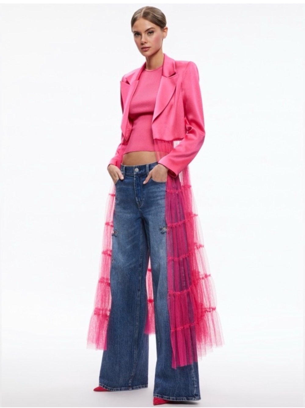 Hot Pink Sheer Tulle Duster  Cropped Satin Blazer